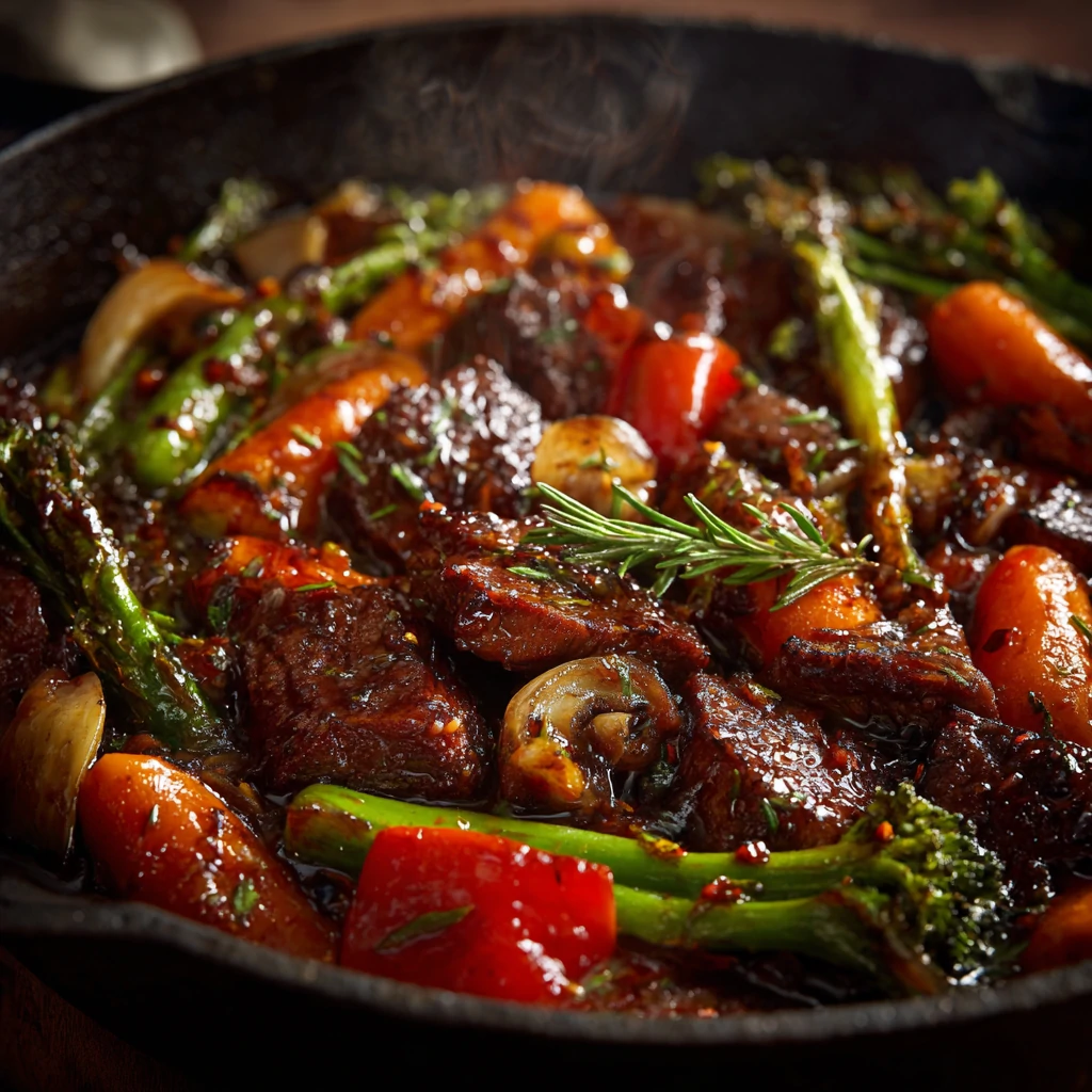 Macro close-up of a one-pan meal simmering in a cast-iron skillet with rich textures.
