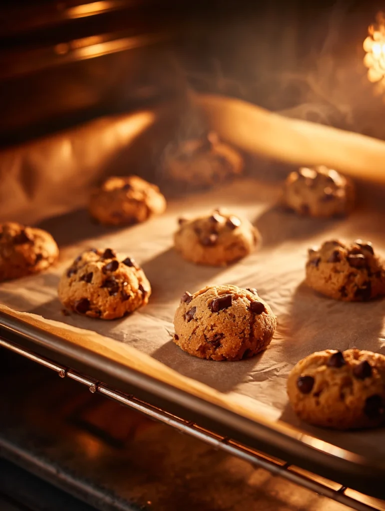Hot cocoa cookie dough baking on a tray in the oven