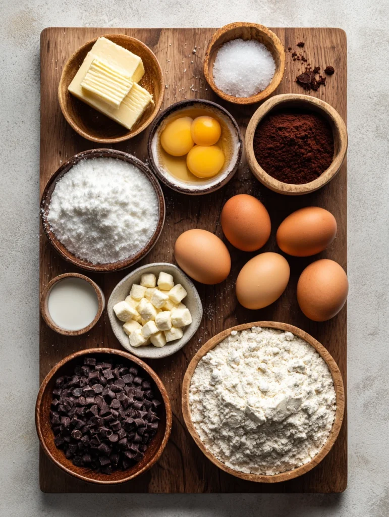 Ingredients for hot cocoa cookies including butter, cocoa mix, chocolate chips, and Mallow Bits