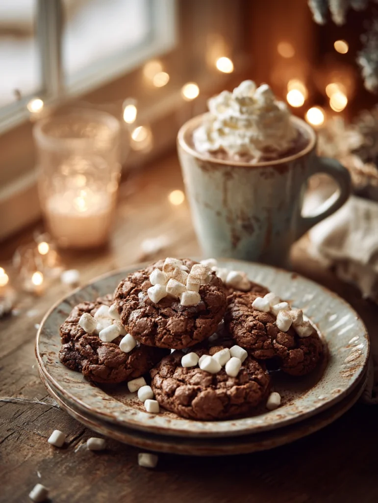 Hot cocoa cookies recipe with chocolate and marshmallows on a rustic table